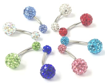 Crystal Belly Bar Coloured 316L Surgical Steel Navel Piercing Double Shamballa