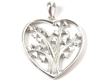 925 Sterling Silver Heart Shaped Tree of Life Pendant 20.7mm High 2.2g