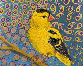 Vibrant Realistic Goldfinch; 10"x10" Wall Art; Highly Detailed Background in Folk Style; Handpainted by Disabled Artist in Wisconsin
