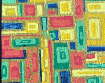 Klimt Meets Frank Lloyd Wright; Original Abstract Small Painting for Desk, Table or Wall; Metallic Gold Highlights on Geometric Shapes