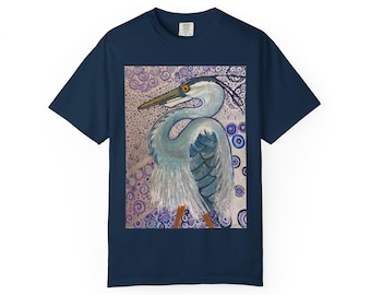 Blue Heron Artwork T-Shirt: Whimsical Coastal Nature Bird Art Tee