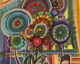 Bouquet of Flowers 2; Surrounded with Abstract Design and Bright Colors; Created by Wisconsin Artist; Modern Home Decor; Nature Theme; Gift