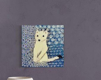 Original Ermine Painting on Canvas — Klimt-Inspired Mixed Media Animal Art, — Blue Whimsical Wall Art, Wildlife Decor, Handmade