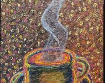 Coffee Time; Original Acrylic Expressionist Wall Art; Coffee Mug on Voffee Bean Background; Handpainted, Gift Idea for Coffee Lovers