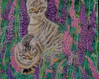 Baldr and Ingrid:  Original Cat Acrylic Painting on Canvas, 18x18 Whimsical Tabby Cats in Lupine Meadow, Folk Art Floral, Hand-Painted