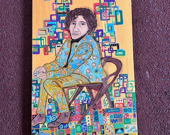 Hip Klimty Guy; Original Artwork Handpainted by Wisconsin Artist; Inspired by Gustav Klimt; Portrait in Wooden Chair Surrounded by Color
