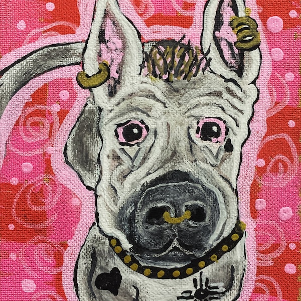 Pittie in Pink; Original Acrylic Painting on Canvas Board; Disabled Artist with New Mexico Influences; Sweet Dog with Jewelry & Tattoos