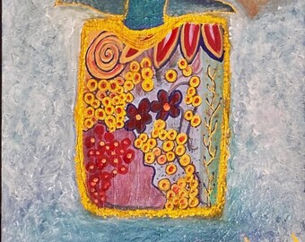 Hummingbird Emerging from Skypocket; Based on Dream Experienced by Artist; Floral; Flowers & Blue Sky; Spring Colors; Wonderful Gift