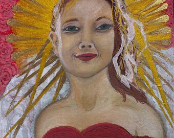 Ultimately, Her Shimmer Melted the ICE; Original Acrylic Portrait of Renee Nicole Good of Minnesota; Vibrant Colors of Halo, Roses, Ice,