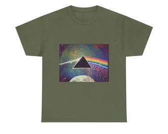 Pink Floyd Album Cover; Prism Triangle Rainbow Space Graphic Tee | Psychedelic Cosmic Design