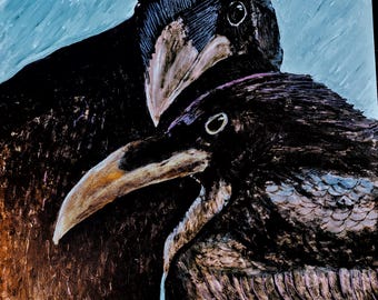 Thinking About A Murder; Large Original Painting of Two Corvids; Feathered Couple on Blue Background; Sides Painted; Wire Hanger