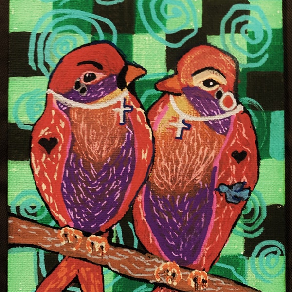 Pajaros Amor; Original Acrylic Painting by Disabled Artist; Vibrant Colors; Jewelry, Tattoos; Love Birds; New Mexico Influence; Wildlife