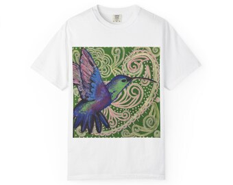 Kleurrijk T-shirt met paisley-kolibrie | T-shirt met bloemenvogelkunst