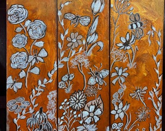 Triptych Garden; Original Wall Art Handpainted by Wisconsin Artist; Pollinators and Flowers With a Bronze Background; Contemporary Design