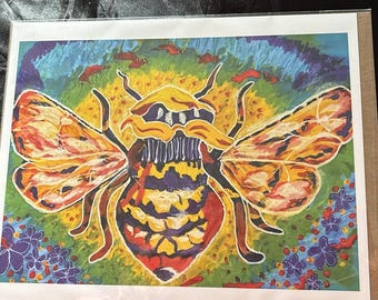 Frameable Expressionist Bee w/Vibrant Colors; Blank Greeting Card w/ Envelope; in Cellophane Sleeve for Protection