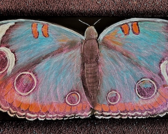 Iridescent Butterfly; Stylized Buckeye Butterfly on Black Background Handpainted by Wisconsin Artist; Lovely Home Decor or Gift