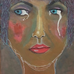 May include: A painting of a person with blue eyes and purple hair. The person is crying white tears and has red and pink blush on their cheeks. The background is a dark brown color.