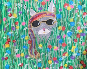 Original 18x20 Acrylic Bunny Painting | Whimsical Boho Rabbit with Sunglasses in Wildflower Meadow | Folk Art Hippie Animal Wall Decor