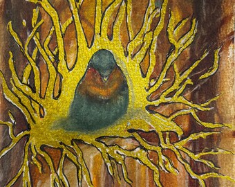 Nest of Thorns: Eastern Bluebird; Watercolor and Metallic Gold Ink Create Unique Nest for Perennial Visitor. Created by Wisconsin Artist