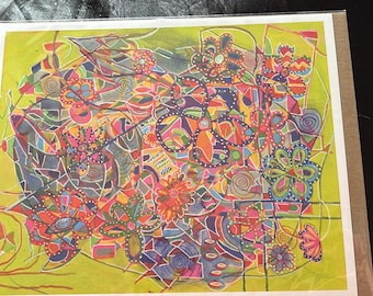 Frameable Neon Garden  Abstract; Professionally Printed Blank Greeting Card w/ Envelope; in Cellophane Sleeve for Protection