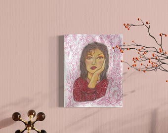 Original Acrylic Portrait Painting: Woman Waiting For Someone; Floral Background; Unframed on Heavyweight Paper