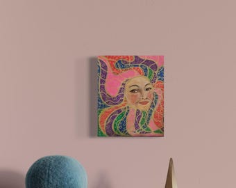 The Muse; Outsider Folk Art of Beautiful Face Surrounded by Abstract in Vibrant Colors; Fun Wall Decor; Whimsical
