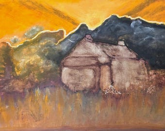 Abandoned; Original Artwork of Abandoned House; Handpainted by Wisconsin Artist; Grassy Field, Sunset, Mountains, Gold Highlights; Gift
