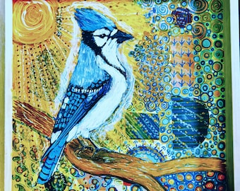 Morning Jay: original 16"x16" acrylic painting on wood panel featuring a textured, stylized blue jay