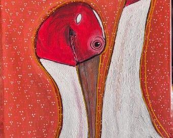 Sandhill Cranes with Folk Style Background; Birds of Wisconsin & New Mexico; Handpainted by Wisconsin Artist; Country Decor; Modern Style