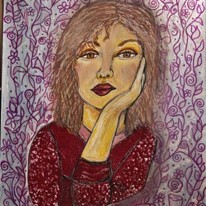 Original Acrylic Portrait Painting: Woman with Floral Background