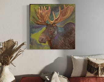 Northern Lights Reflection; Moose w/ Aurora Borealis Shining on His Fur; Handpainted by Wisconsin Artist