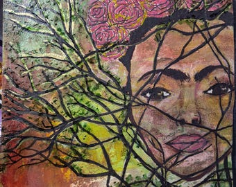 Original Acrylic Portrait of Frida Kahlo Behind the Brush; Expressionist Artwork by Former NM Artist; Mexican Icon and Muse; Unframed