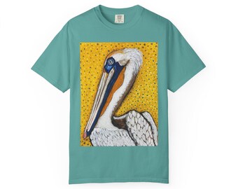 Pelican Portrait T-Shirt | Coastal Bird Artwork, Gold Dot Background, Wisconsin Artist Tee