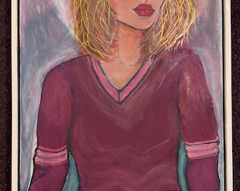 Our Lady of Bicyclists; Madonna of Ghisallo; Original Acrylic Art Handpainted by Wisconsin Artist; Windblown Hair & Faraway Stare; Framed