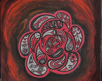 Paisley Mandala; Group of Various Paisley Designs Positioned to Make Mandala; Handpainted by Wisconsin Artist; Outsider /Folk Wall Art