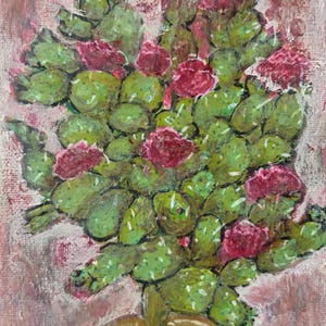 May include: An acrylic painting of a prickly pear cactus with green pads and red flowers in a brown pot. The background is a textured pink. The text "Color by Susan" is in the bottom right corner.