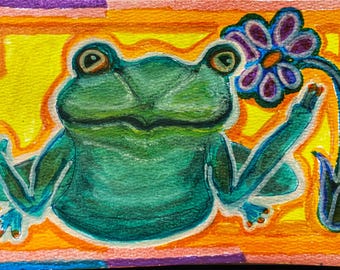 Feeling Froggy; Holding Flower & Surrounded with Abstract Design and Bright Colors; Created by Wisconsin Artist; Nature Theme; Gift