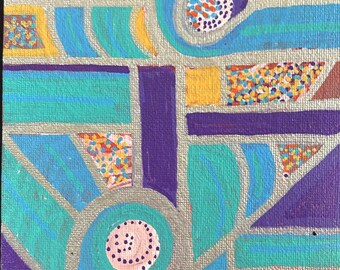 Original Abstract Painting on Canvas Board; Geometric Shapes & Dots in Cool Colors