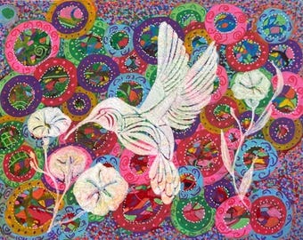 Original Hummingbird Artwork: Handpainted Morning Glories on Mixed Media Board; Handpainted Freehand; Vibrant Colors to Brighten a Room