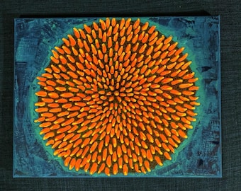 Abstract Expressionist Artwork on Canvas Handpainted by Wisconsin Artist; Macro of Blossom; Spiked Orb; Funky Modern Home Decor