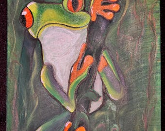 Tree Frog; Original Acrylic Artwork Handpainted by Wisconsin Artist; Wildlife: Swamp, Jungle Background; Perfect for Classroom or Kids Room