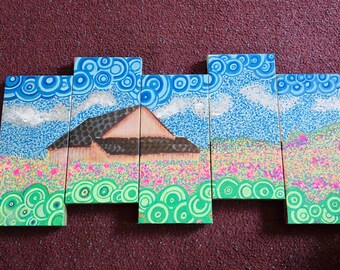 Original 5 Panel Barn Painting on Canvas, Whimsical Pointillism Country Landscape, Colorful Meadow Wall Art, Multi Panel Folk Art, 12x24