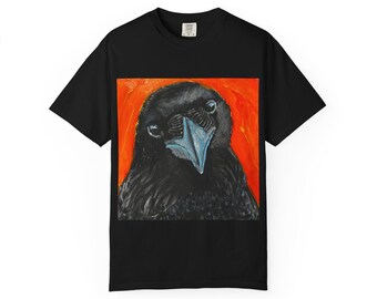 Blue-Beaked Raven portrait T-shirt | Crow art on orange square
