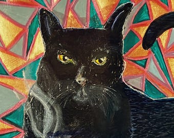 Coffee Time; Original Wall Art Handpainted by Wisconsin Artist( Black Cat with Steaming Mug of Latte with Kitten Design; Abstract Background