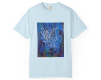 Blue Hummingbird Line Art T-Shirt | Abstract Background; Printed from Original Painting by Wisconsin Artist
