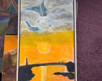Lake Superior Sunset; Upcycled Framed Canvas; Vivid, Vibrant Colors of Clouds Reflecting into the Water; Person with Dog on the Bank