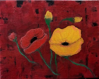 Red and Yellow Poppies Against Contemporary Abstrsct Background; Handpainted by Disabled Wisconsin Artist; 11x14 Unframed w Finished Sides