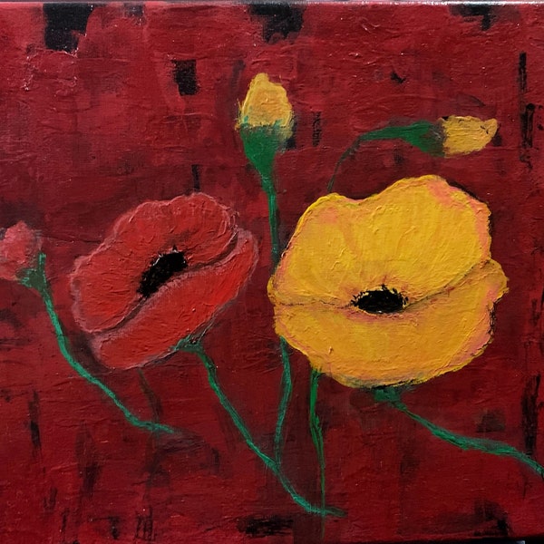 Amapola - Poppies on Abstract Background, Flower Decor, Original Handpainted Expressionist Painting, Wall Art; Disabled Artist, Gift Idea