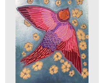 Pink Swallow Flying Through Metallic Blue Sky; Whimsical Feathered Nature in Movement; Handpainted by Disabled Wisconsin Artist