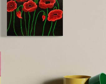 Original Red Poppies Painting | Acrylic on Canvas | Bold Floral Wall Art; Black Background